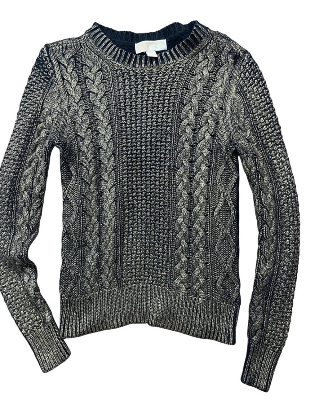 Michael Kors Metallic Foil Cable-Knit Sweater Womens XS Black Elevated Cozy Glam